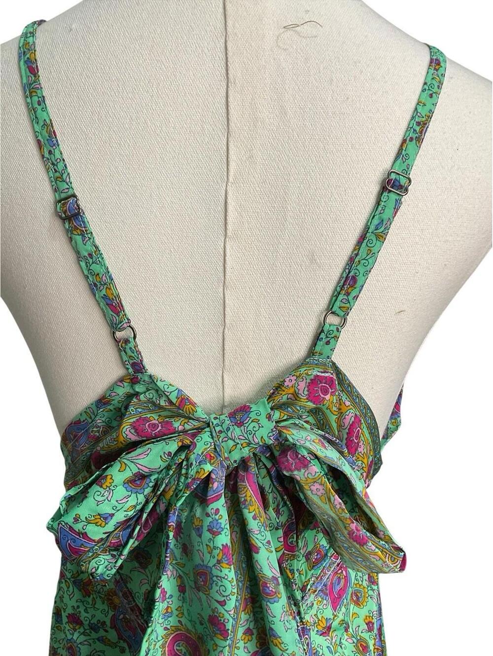 Rhea Backless Halter Dress S Paisley Green Pink Floral Tie Back Midi NWT A27 - Picture 6 of 8